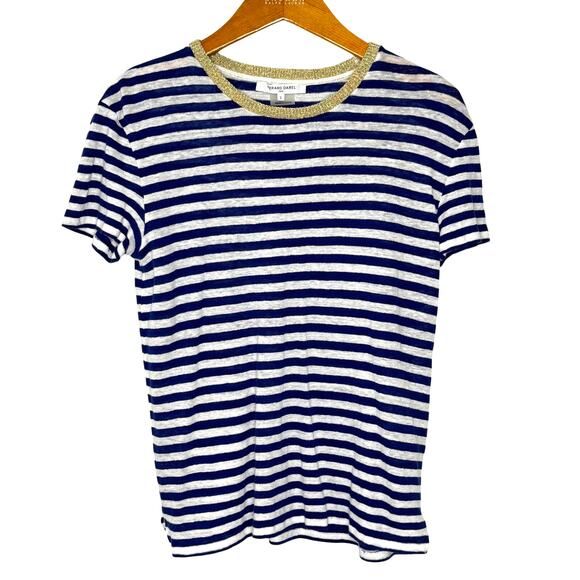 Gerard Darel Linen Top blue/white with gold neck Women's Size 2 - Picture 1 of 8